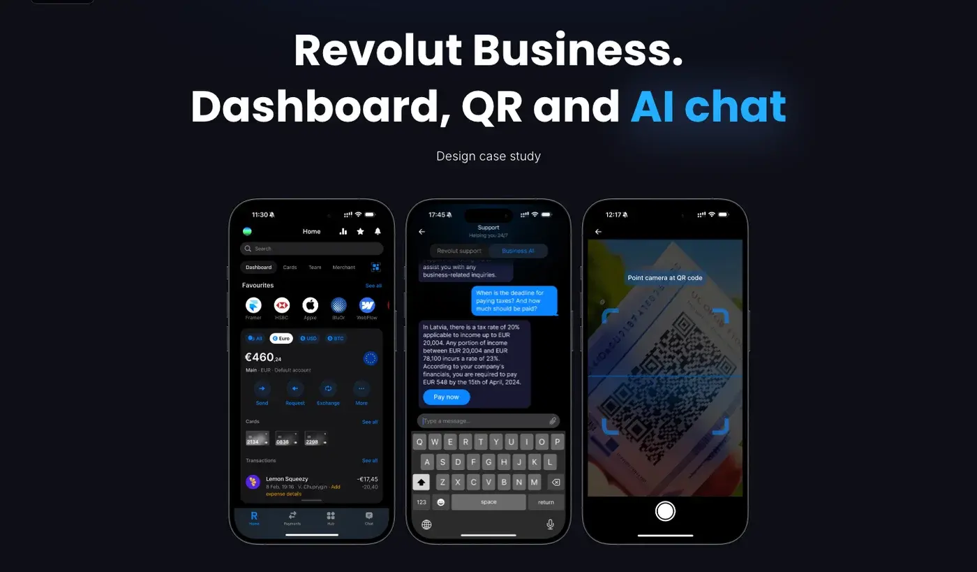 Revolut Business — Concept redesign — dashboard, QR & AI assistant